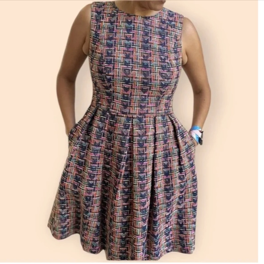 Shoshanna Tweed Navy and Pink Geometric Fit and Flare Sleeveless Dress Size 0